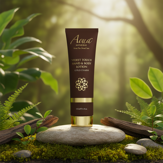 Aqua Mineral 絲絨觸感手部及身體乳霜 Gold Charm 森林spa背景